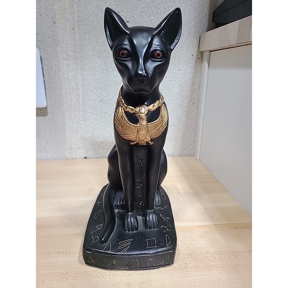 Ancient Egyptian Bastet‎ Black Cat Gold Bird Siamese Sculpture MCM Style 11.5